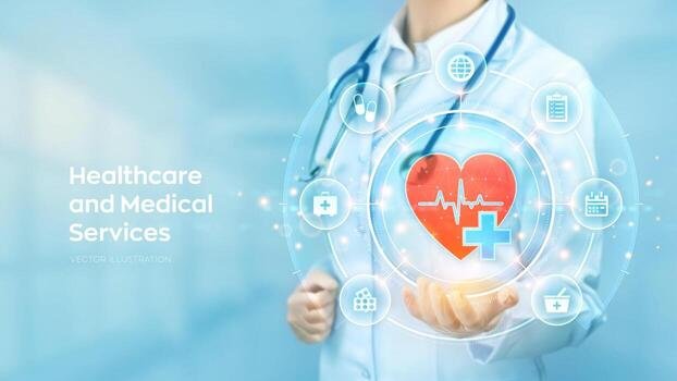 healthcare medical services doctor holding in hand red heart shape and medical icon network connection on virtual screen health care medicine technology network concept illustration vector